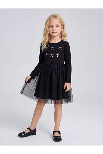 Zekids Κοριτσίστικο μακρυμάνικο φόρεμα με πέτρινη λεπτομέρεια και τούλινη φούστα