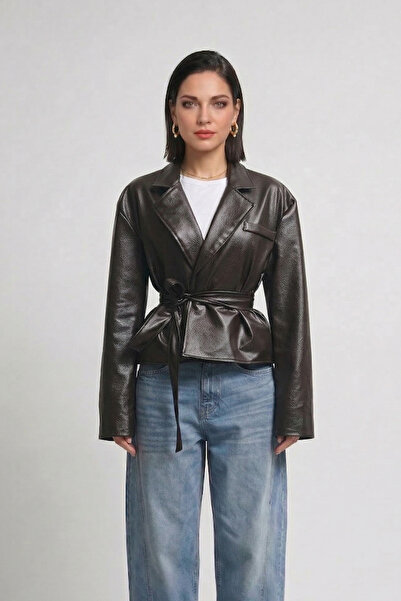 NET OF NOT Bitter Brown Double-Breasted Belted Buttoned Leather Jacket