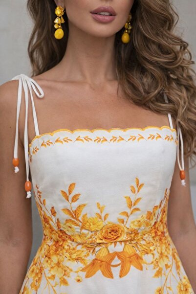 Ahzem Collection Embroidered Collar and Back Trim Linen Maxi Dress