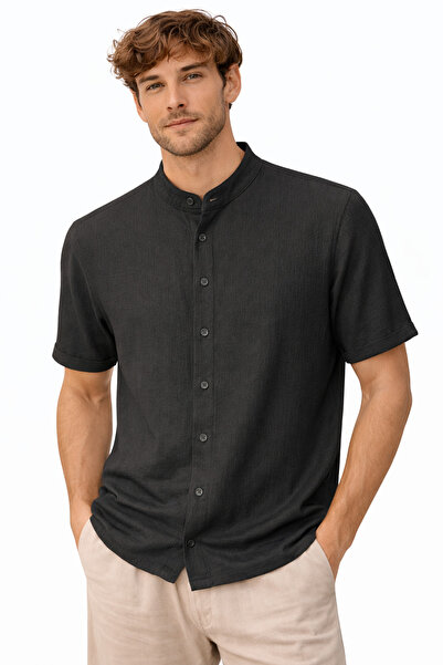 ince moda giyim Premium Keten Dokulu Hakim Yaka Erkek Gömlek – Slim Fit, Kısa...
