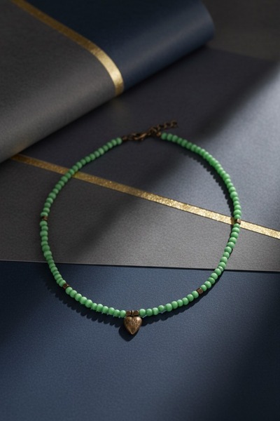 MODAYAŞAR Eşil Beaded Antique Heart Necklace