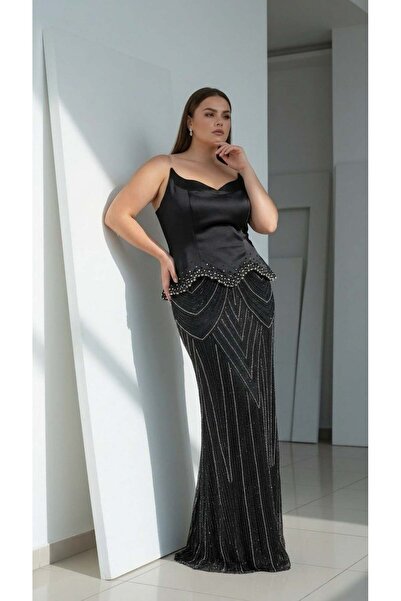 aşkın göksu Siyah Etek Taş İşlemeli Straplez Yaka Kadın Abiye