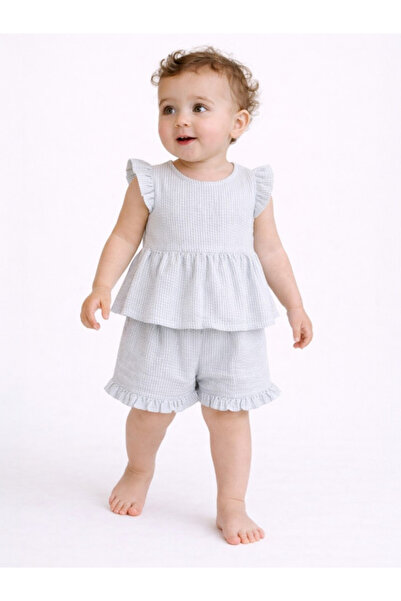 Victor and Jane Infant Girls Mint Stripe Ruffle Sleeve Top & Shorts Set
