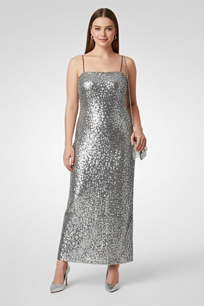 Maje Women Sequined Maxi Dress, Silver