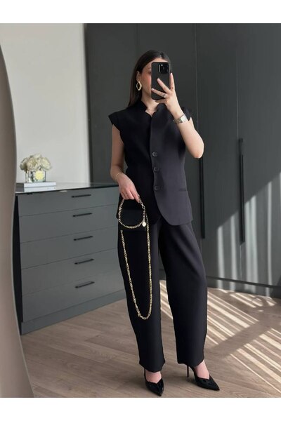 LOKADI Women's Padded Blazer Vest and Wide-Leg Pants Two-Piece Set