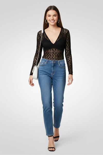 Maje Women Lace Detail Long Sleeve Bodysuit, Black