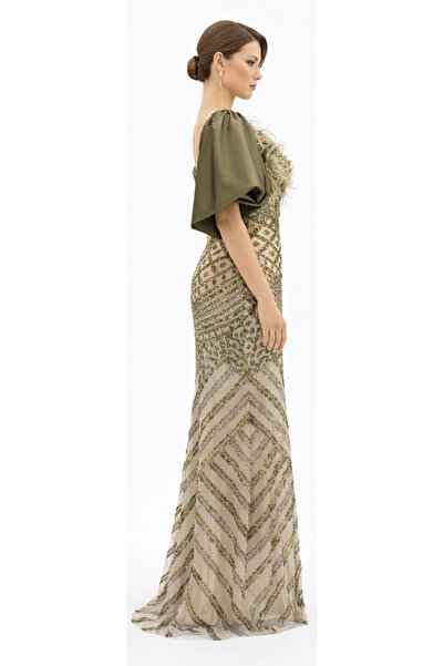 STARLİFE KADIN ABİYE YEŞİL TAŞ İŞLEME BALON KOL TRANSPARAN OTRİŞ DETAYLI ŞIK ...