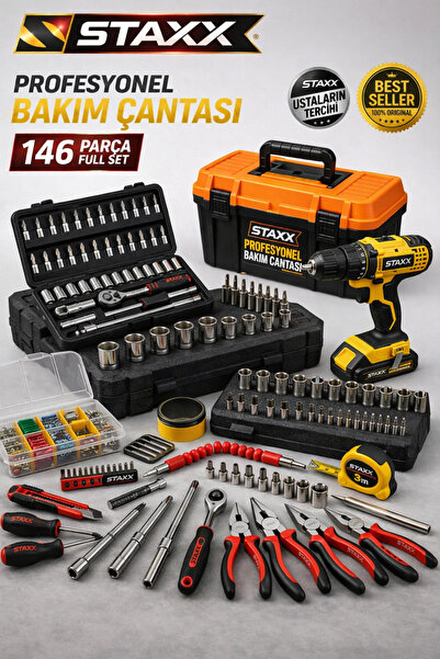STAXX POWER 146 Parça Profesyonel Bakım Çantası Seti Akülü Matkaplı Lokma Tor...