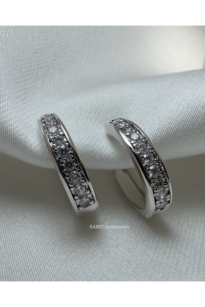 Samu Accessories Single Row Zircon Stone Silver Hoop Earrings - Single Row Zi...