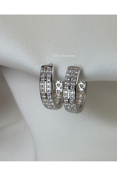 Samu Accessories Double Row Pave Stone Silver Hoop Earrings