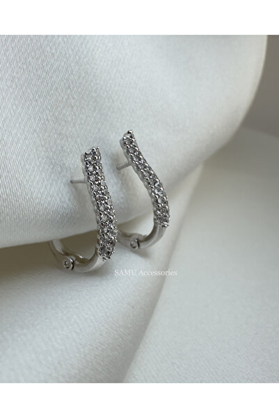 Samu Accessories Three Row Zircon Stone Silver Tone Curved Earrings