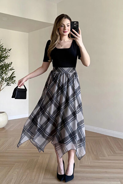 MOZENA Square Neckline Skirt Chiffon Plaid Midi Dress