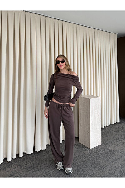 Laluvia Brown Boat Neck Modal Double Set - 7323