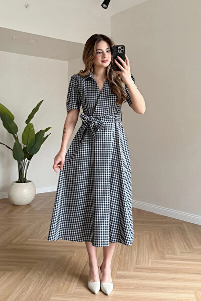MOZENA Double-Breasted Shirt Collar Plaid Patterned Belted Midi Dress