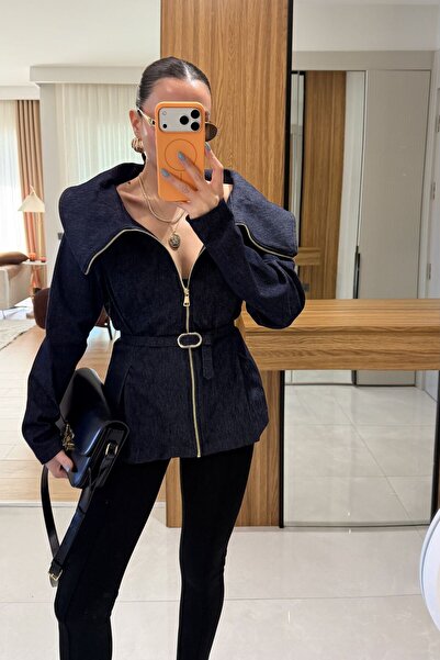 ALVOR Wide Collar Denim Jeans Shirt Navy Blue