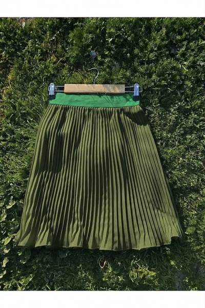 ÇELEBİ STYLE Khaki Women's Elastic Pleated Mini Skirt with Pleats