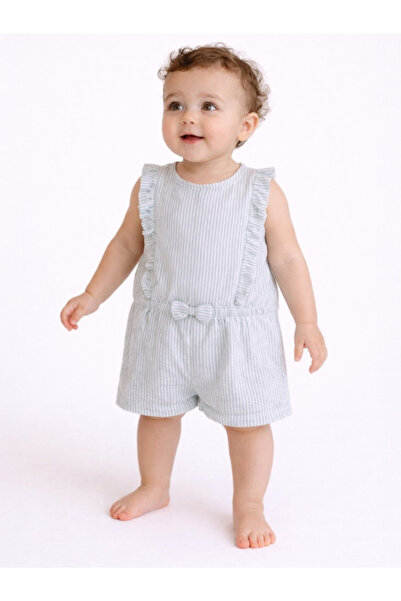 Victor and Jane Infant Girls Mint Stripe Ruffle Sleeve Playsuit with Bow