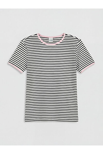LC Waikiki LCW Kids Tricou alb cu dungi pentru fete, cu guler tip bicicletă