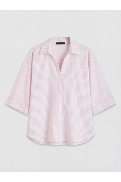 LC Waikiki Ροζ γυναικείο πουκάμισο με ριγέ γιακά