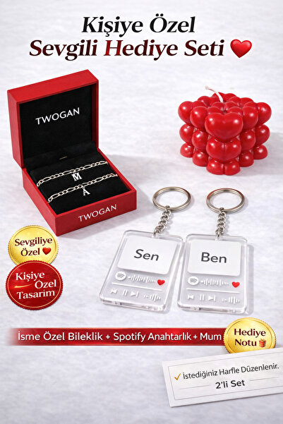 TWOGAN Kişiye Özel Sevgili Hediye Seti İsim Harfli Çelik Bileklik, Parmak İzi...