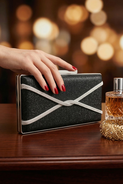 LAREON Sparkling Evening Dress Bag with Geometric Stripe Detail - Luxurious P...