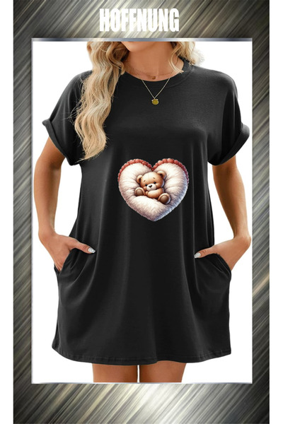 HOFFNUNG Unisex Short Sleeve Round Neck Sleeping Heart Bear Printed Solid Col...