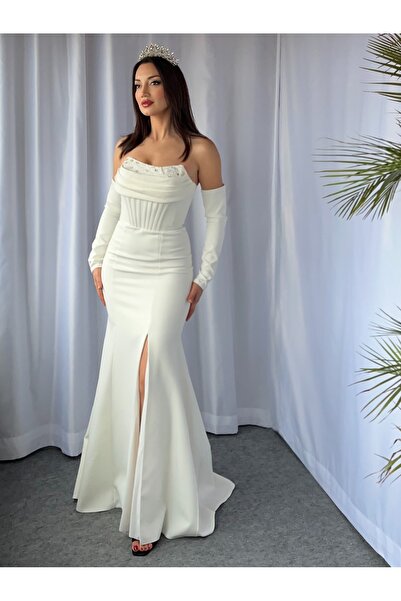 PATEVA Straplezi Drapeli ve Taş İşleme Detaylı Yırtmaç Abiye