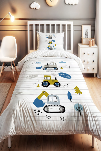 EVPANYA طقم غطاء لحاف مفرد للأطفال بتصميم فريق موقع البناء الصغير