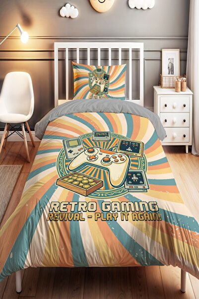 EVPANYA Retro Oyun Dünyası Desenli Tek Kişilik Bebek Çocuk Nevresim Seti