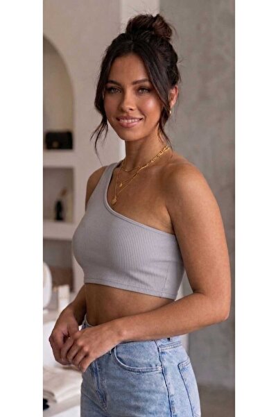 ZUM One-Shoulder Light Gray Cropped Bustier Ribbed Camisole Women's Gathering...