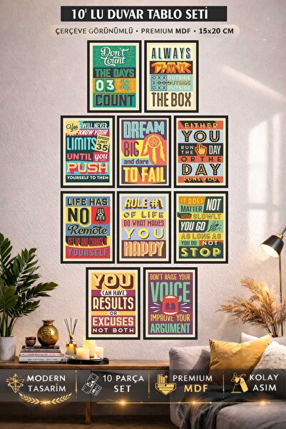 UNT Modern Motivasyon Sözleri 10 Parça MDF Duvar Tablo Seti – 15x20 cm
