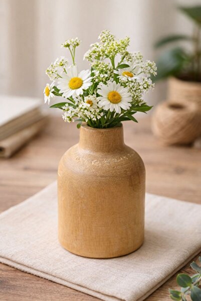 MİS KİTCHEN Natural Carved Wooden Vase Decorative Wooden Vase