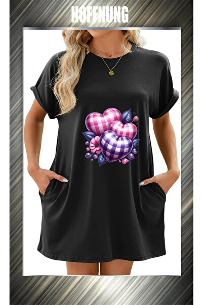 HOFFNUNG Unisex Short Sleeve Round Neck Heart Cushion Printed Solid Color Lon...