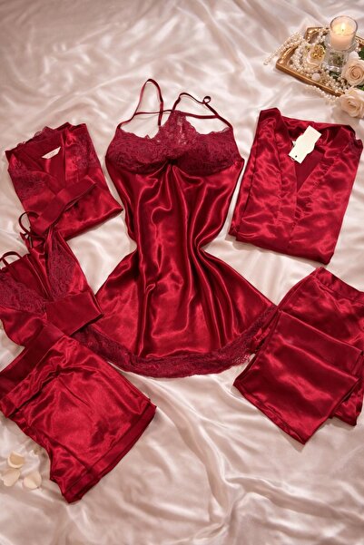 LUNA CH Velvet Love Kırmızı Saten 6’lı Gecelik Takımı