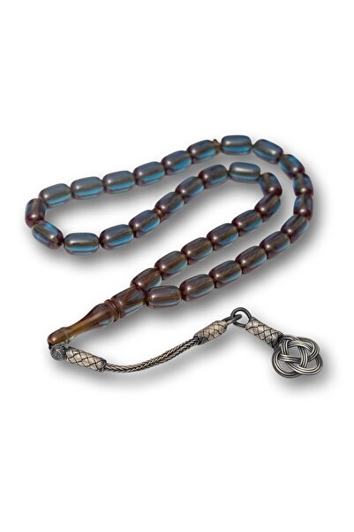 Inure Jewelry Silver Kazaz Tassel Capsule Cut Blue Crimped Amber Prayer Beads