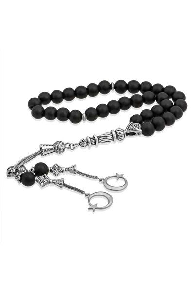 Inure Jewelry مسبحة صلاة من الحجر الطبيعي مع شرابات معدنية من العقيق الأسود غ...