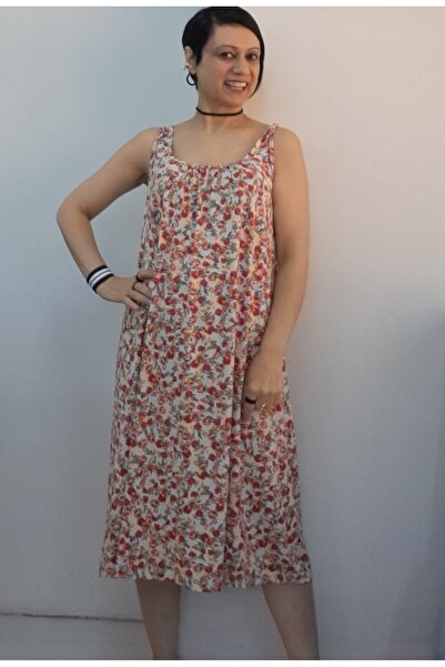 Mertcan Butik Gray Red Yellow Floral Patterned Front and Back Gathered Combed...