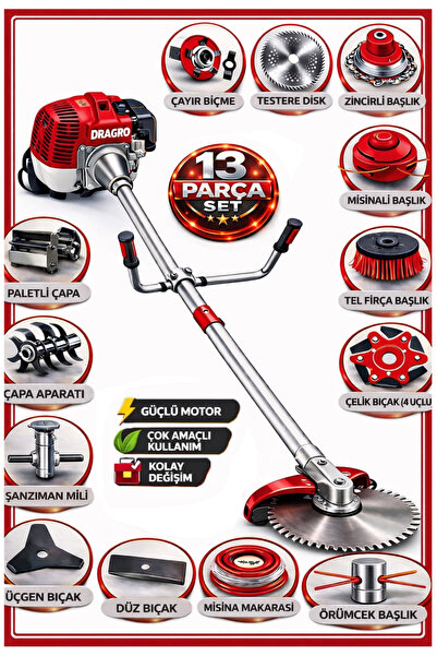 Dragro German DRG-13 + Yan Tipi Benzinli Ot Çalı Çim Biçme Tırpanı + Full Set...