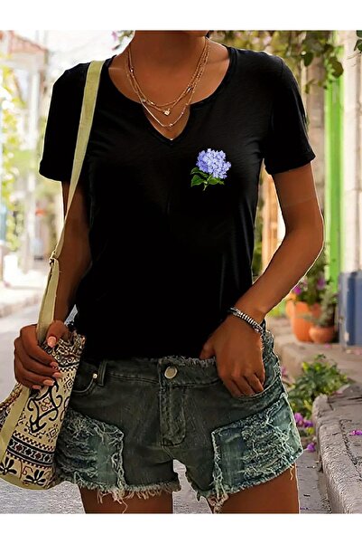 mercoledi Tricou casual pentru femei, cu imprimeu minimalist cu flori, cu dec...