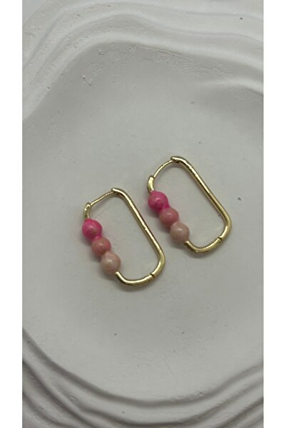 Karakedi Takı Evi Kadın Gold Renk Dikdörtgen Halka Küpe Pembe Boncuk Detaylı