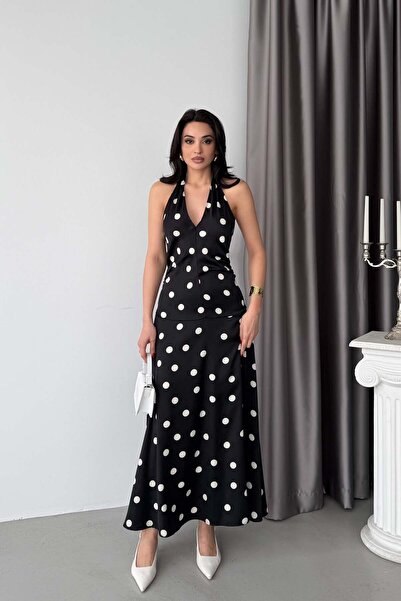 Serica Moda Μαύρο φόρεμα πουά με δέσιμο στην πλάτη και ανοιχτή πλάτη