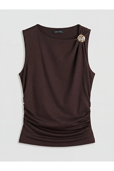 LC Waikiki Μπλούζα LCW Vision καφέ χρώματος με λαιμόκοψη και κορδόνι περίσφιξης