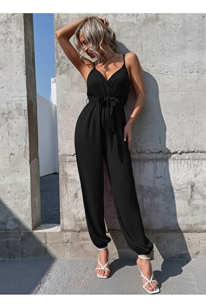 FRESCO SCARFS Women's Rope Strap Long Sandy Jumpsuit with Double-Breasted Col...