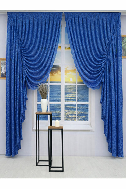 Art Perde Drawstring 2-Wing Tulle Background Curtain Dark Blue