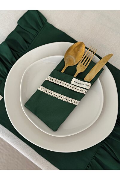 KaiAtelier 6 Pieces Mossy Linen Lace Detailed 2-Compartment Spoon Holder / Na...