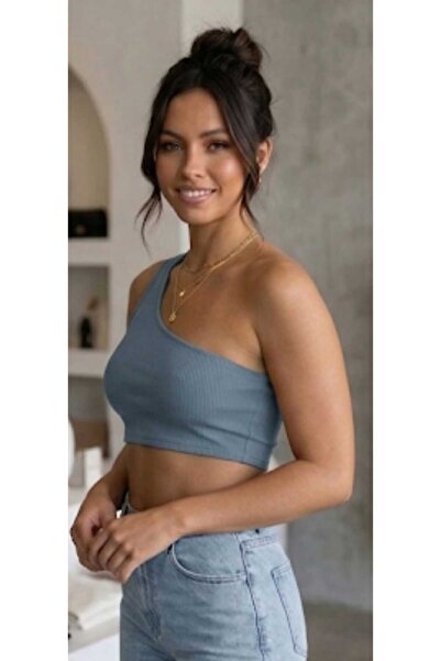 ZUM One-Shoulder Gray Cropped Bustier Ribbed Camisole Women's Gathering Lycra...