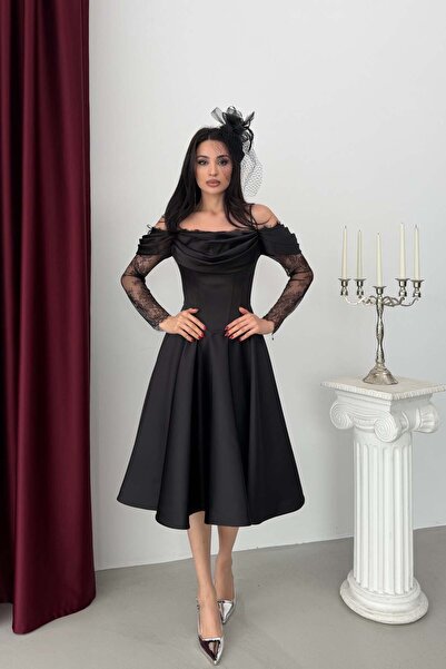 Serica Moda Rochie de seară midi neagră, cu bretele căzute pe umeri și detali...