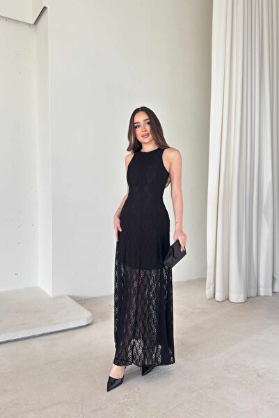 Sorridi Elegant Long Dress with Lace and Waist Belt