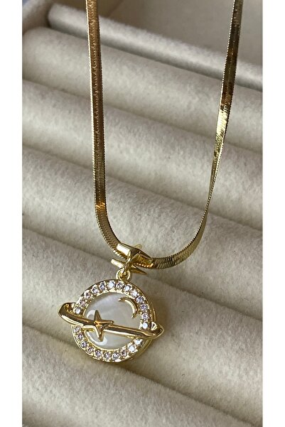 SELUVİA Steel Gold Italian Crushed Chain Flat Steel Chain Saturn Model Women'...