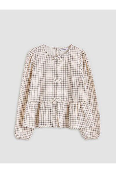 LC Waikiki Lcw Kids Ecru Bow Detailed Plaid Girls' Blouse